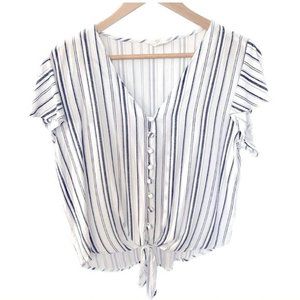 SOLD Sim & Sam Striped Tie Top Button Up Crop Shirt White Navy Blue size L